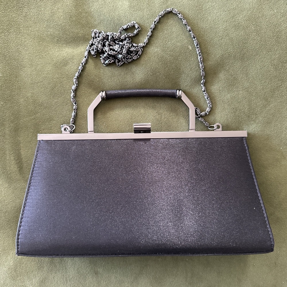 Vintage 1980's Carlo Fellini Black Satin Chain Strap Formal Evening Bag